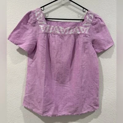 Blusa Talbots Mariposa Bordada Lino Mezcla Algodón Cuello Cuadrado Lavanda M Foto 1 de 4