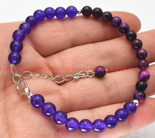 VALENTINO Braccialetto Perline Rotonde Fatto a Mano Naturale 6 mm Viola Giada Occhi di Tigre 7 5 pollici