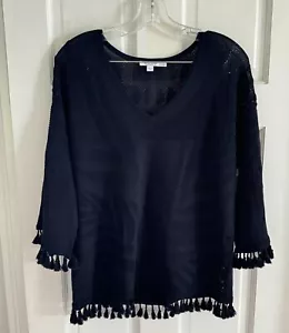Chico’s Pullover Damen 1 (M) dunkelblau Fransenpullover Boho Oberteil neu mit Etikett $ 99 - Bild 1 von 10