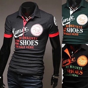 Mens Stylish Lettering Polo Pique Collar Casual Short Sleeve T-Shirts Tops W758 - Picture 1 of 5