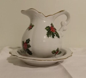 Lefton China 7940 Holly & Berry Christmas Creamer & Saucer Set - Picture 1 of 10