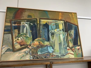 Pintura al óleo original vintage de mediados de siglo peces naturaleza muerta lienzo enmarcado sin letrero - Imagen 1 de 5