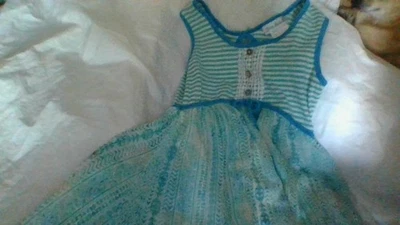 BONITO Vestido Solero Niñas Talla 8 Verde Azulado/Azul/Verde/Blanco Jona Michelle Multi-Pttn Volantes Foto 1 de 4
