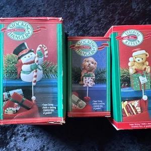 Lots of 3 VTG Hallmark Christmas Stocking Hangers 1989 Snowman Puppy Teddy Bear - Picture 1 of 6