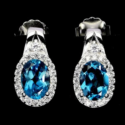 925 Sterling Silver Earrings Oval London Blue Topaz 7x5mm Gemstone Jewelry - Image 1 of 4