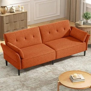 Futon Sofa Bed, Comfy Futon Couch Bed with 2 Square Pillows, Convertible Sleeper - Picture 1 of 47