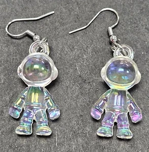 IRIDESCENT GLASS ASTRONAUT EARRINGS SILVER PLATED HOOKS SPACE SHUTTLE MAN WOMAN - Picture 1 of 3