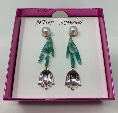 Pendientes colgantes Betsey Johnson tono dorado al revés tulipán cristal y perla púrpura Foto 1 de 4