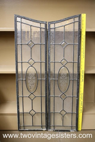 Glass Double Window Pair Arched Etched Beveled Cover