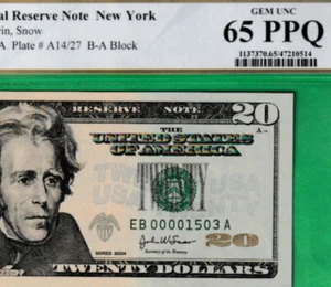 $20 LOW SERIAL # 00001503 Federal Reserve note Fr. 2089-B PCGS 65 PPQ - Picture 1 of 3