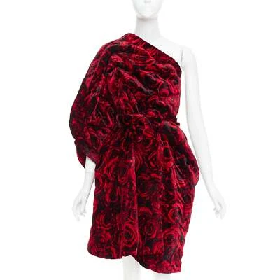 DRIES VAN NOTEN Runway Delta red rose velvet quilted one shoulder dress FR38 M - Image 1 of 4