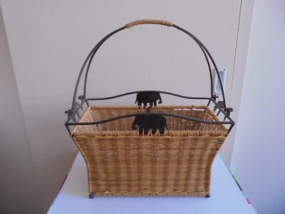 Joli porte revue magazine en rotin tréssé et fer forgé à motif girafe éléphant - Photo 1/4