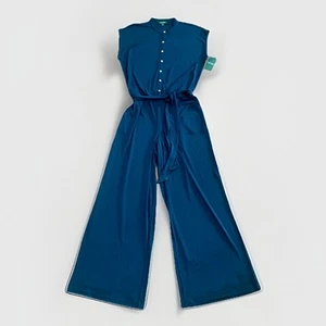 NWT Lauren Ralph Lauren Belted Navy Jumpsuit Sz L Gold Logo Buttons Cap Sleeve - Picture 1 of 5