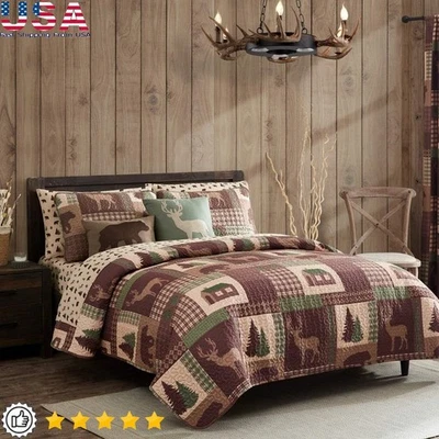 Rustic Microfiber Quilt Set Deer Bear Pattern Lightweight Bedding Lodge Cabin US - Image 1 of 4