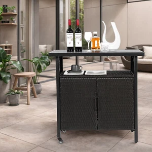 Outdoor Wicker Bar Cart, Patio Wine Serving Cart, Rolling Rattan Beverage Bar - Picture 1 of 15