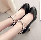 Womens Round Toe Ankle Strap Pearl Chunky Heel Mary Janes Lolita Shoes Plus Size