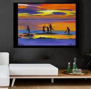 Pintura Puesta de sol Cricket Copa Mundial Arte Silueta Playa Lienzo Océano Paisaje Marino - Imagen 1 de 11