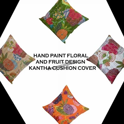 Hand paint Fruit design different color stock kantha cushion cover set of 2 Pcs - Image 1 of 4