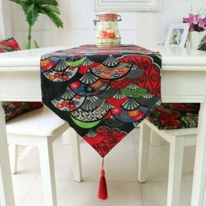 Japanese Print Table Runner Tassel Edge Desk Decoration Chinese Tablecloths Blue - Picture 1 of 14