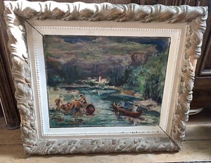 Tableau huile sur toile école alsacienne Julien Binaepfel canoïstes sur le Tarn - Foto 1 di 9