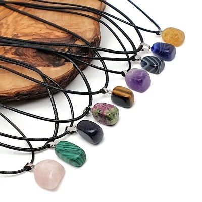 Necklace Gemstone Nugget Pendant Faux Leather Cord Boho Chakra Tumbled Crystal - Image 1 of 4