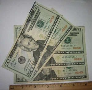 5pc RARE $20 TWENTY DOLLAR BILL NOTE * STAR NOTES ~ CIRCULATED CONDITION $100 *1 - Picture 1 of 8