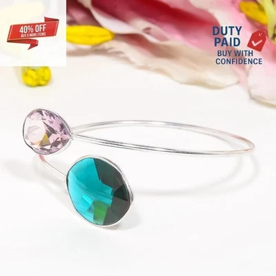 925 Sterling Silver Natural Indicolite Tourmaline Amethyst Vitange Cuff Bracelet - Image 1 of 4