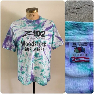 1990-е винтажная футболка Tie Dye Woodstock Festival 1994 Z102 Rock Station промо 90-е XL - Изображение 1 из 4