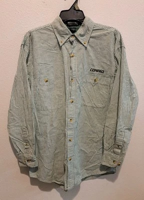 VTG COMPAQ Green & White Vertical Striped Longsleeve Button-Up Adult Medium - Image 1 of 4