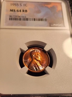 Centavo de trigo S 1955. NGC Ms64 RB. 🔥Tóner loco🔥. Foto 1 de 4