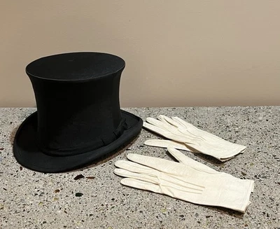 Vintage Collapsible Dunlap Silk Top Hat & White leather Gloves - Image 1 of 4