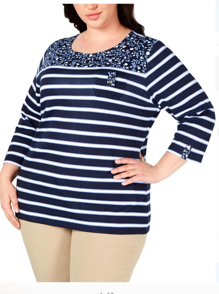 Karen Scott Womens Blue Scoop Neck Printed Blouse Top Shirt Plus 3x 9282