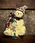 Grubby Primitive Paper Mache Snowman Dad &amp; Son w Gingerbread Man Christmas