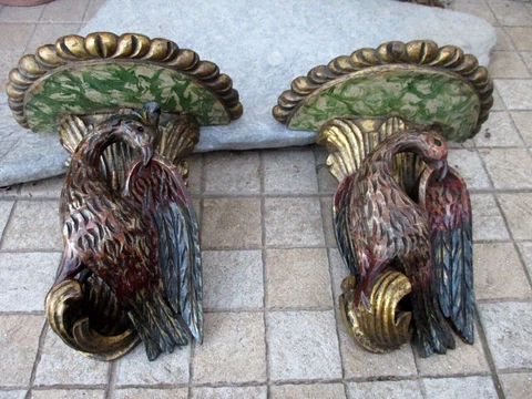 Antique Pair Lovely Corbel Wall Shelf Bracket Art Wood Hand Carved Griffon Bird Cover