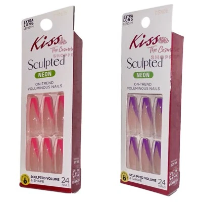Kiss Sculpted Neon Pink Or Purple Extra Long Length Glue-On Nails Your Choice! - Image 1 of 4