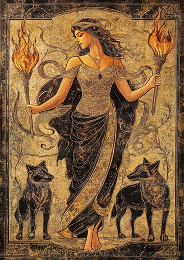 Impresión artística de diosa antorcha de Hécate lobos mitología griega pagana oculta femenina AC73 Foto 1 de 1