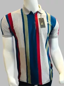 Men's Multicolor Striped Polo Shirt | Zip Collar Slim Fit Tee| Casual Summer Top - Picture 1 of 5