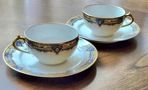 2 GORGEOUS HAVILAND LIMOGES FRANCE WHITE w/ COBALT BLUE and GOLD CUPS & SAUCERS - Picture 1 of 19