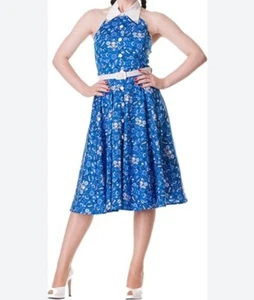 Ladies Hell Bunny Calamity Dress blue Bandana Size S Skull 50s Style Halterneck - Picture 1 of 10
