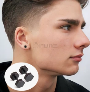 Matt Black Honeycomb Hexagon Shape 5MM Wide Punk Style Ear Stud Pierced Earrings - Picture 1 of 7