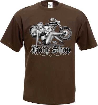T Shirt im Schokoton mit einem Biker-,Chopper-& Oldschoolmotiv Modell Body Shop - Bild 1 von 3