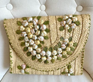 Vintage Raffia Handtasche Clutch Stroh Muscheln bestickt Handtasche Boho Strand Mängel - Bild 1 von 14