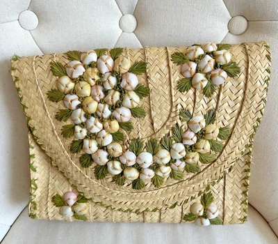 Bolso de mano vintage de rafia conchas de paja bordado boho defectos de playa Foto 1 de 4