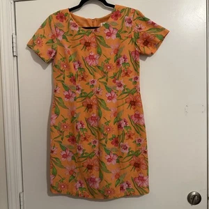 VINTAGE CHADWICK’S ORANGE FLORAL LINEN BLEND DRESS LINED - Picture 1 of 15