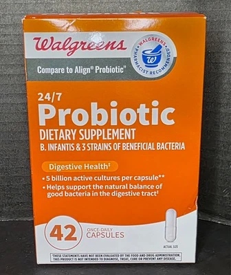 42 cápsulas de probióticos digestivos una vez al día Walgreens (comparar: Alinear) 24/7 11/25 Foto 1 de 4