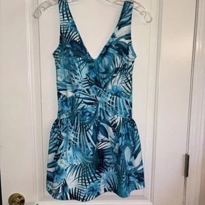 Maxine Of Hollywood Women V-Neck Empire Swim Dress blues Leaf Padded Sz 8 NEW - Picture 1 of 7