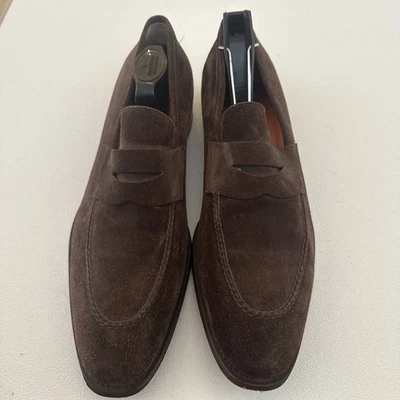 SANTONI Hombre Zapatos Marrón Oscuro Gamuza Mocasín con el Clásico Penny Bar Talla 9 1/2 Foto 1 de 4