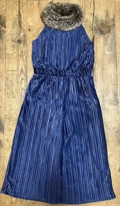 JANIE & JACK Sz 10 Girls Navy Blue Ribbed Velvet Jumpsuit Faux Fur Collar EUC - Picture 1 of 10