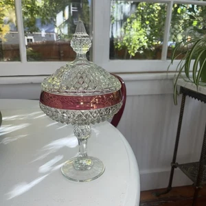 Vintage Indiana Glass Ruby Red Diamond Point  Glass Pedestal  Lid Compote Candy - Picture 1 of 4