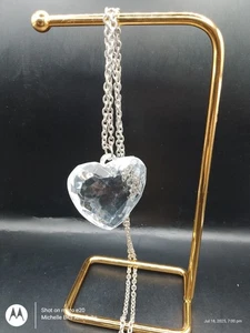 Silver Tone Large Clear Lucite Faceted Puffy Heart Pendant Necklace - Picture 1 of 4